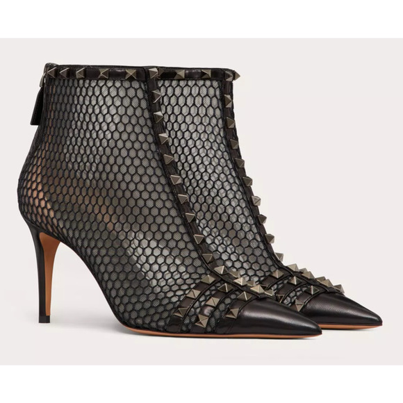 Valentino Rockstud Black Mesh Leather Stud Heel Pointed Toe Ankle Boot Bootie 37 - Picture 3 of 12